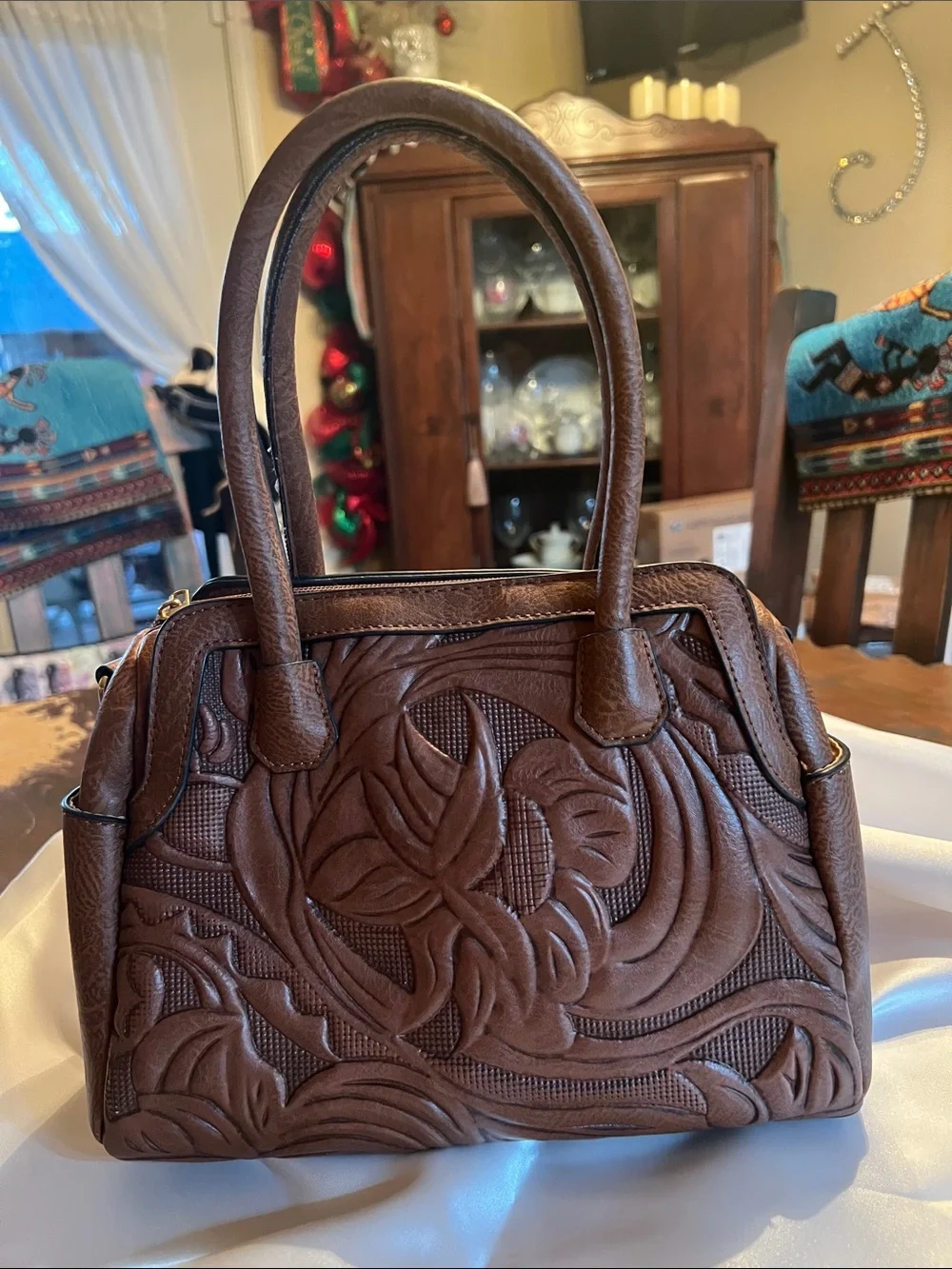Brown Floral Embossed Satchel Handbag